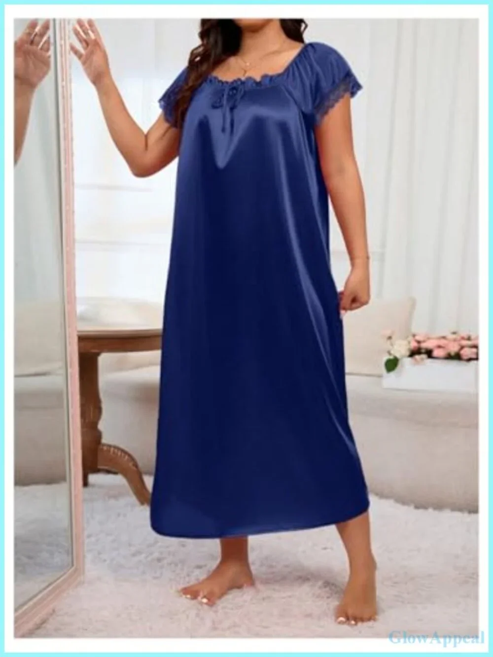 Plus Size Satin Nightgown Lace Trim Short Sleeve Sleepwear
